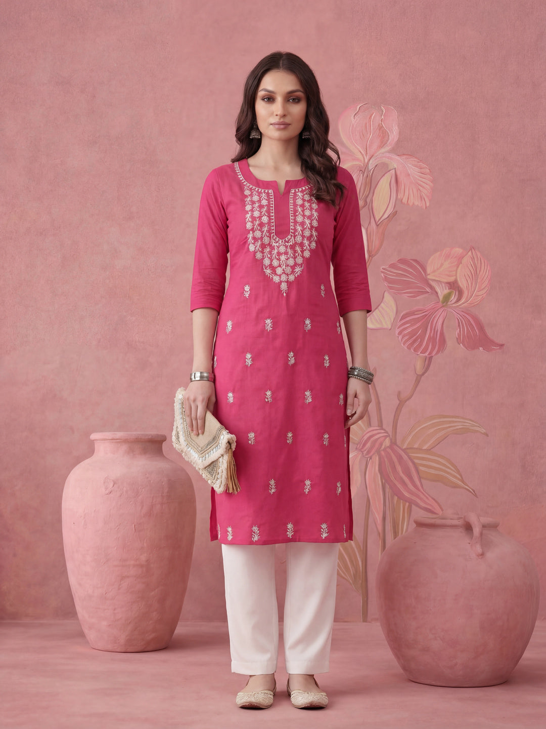 Women Hot Pink Chikankari Straight Kurta