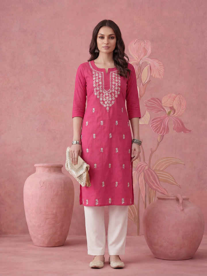 Women Hot Pink Chikankari Straight Kurta