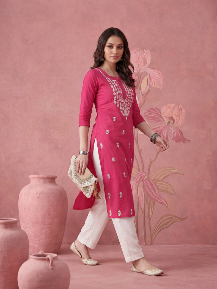 Women Hot Pink Chikankari Straight Kurta