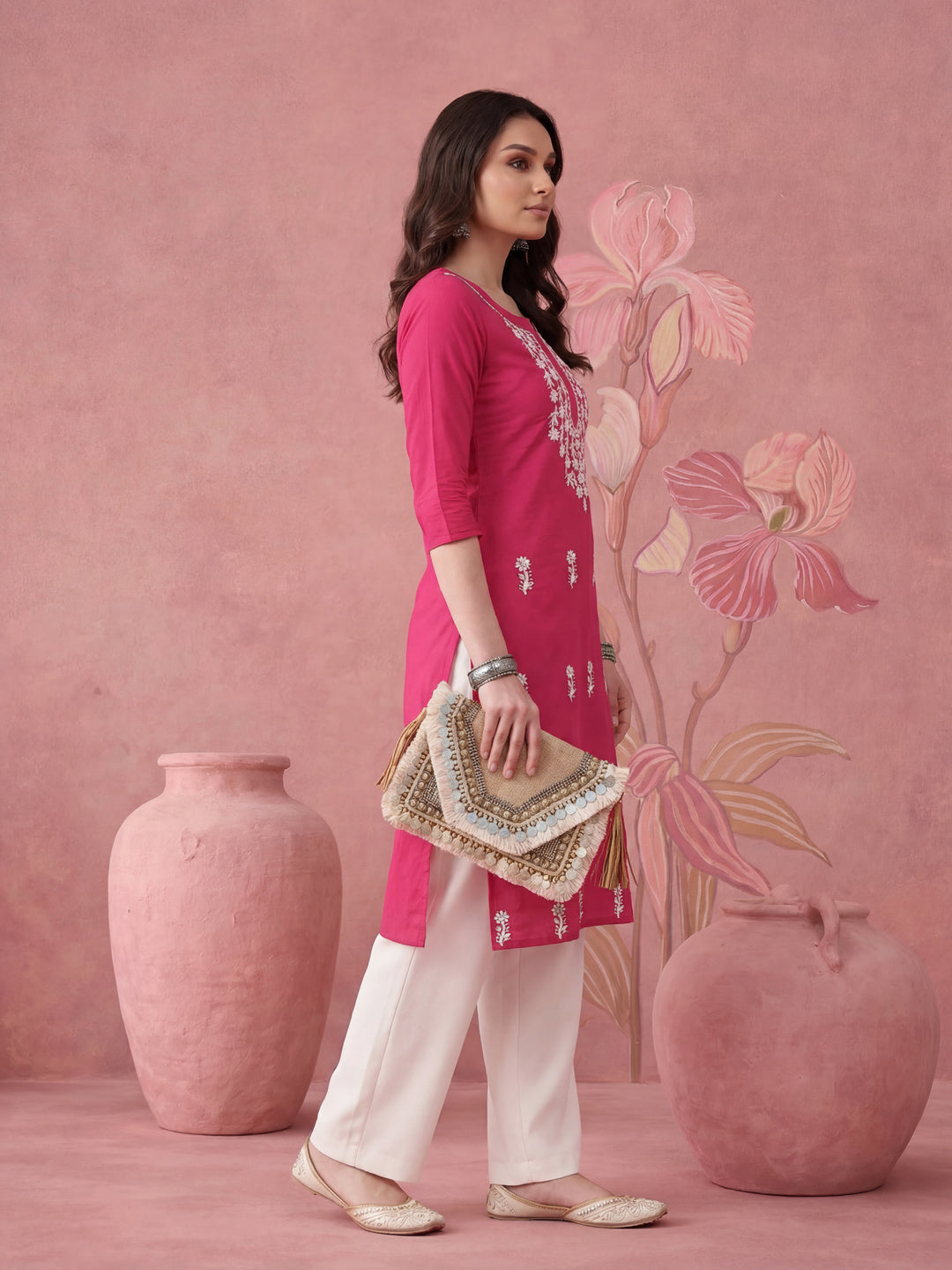 Women Hot Pink Chikankari Straight Kurta