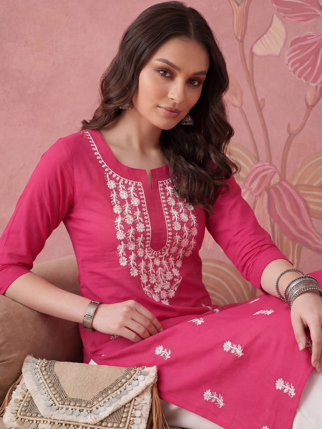 Women Hot Pink Chikankari Straight Kurta