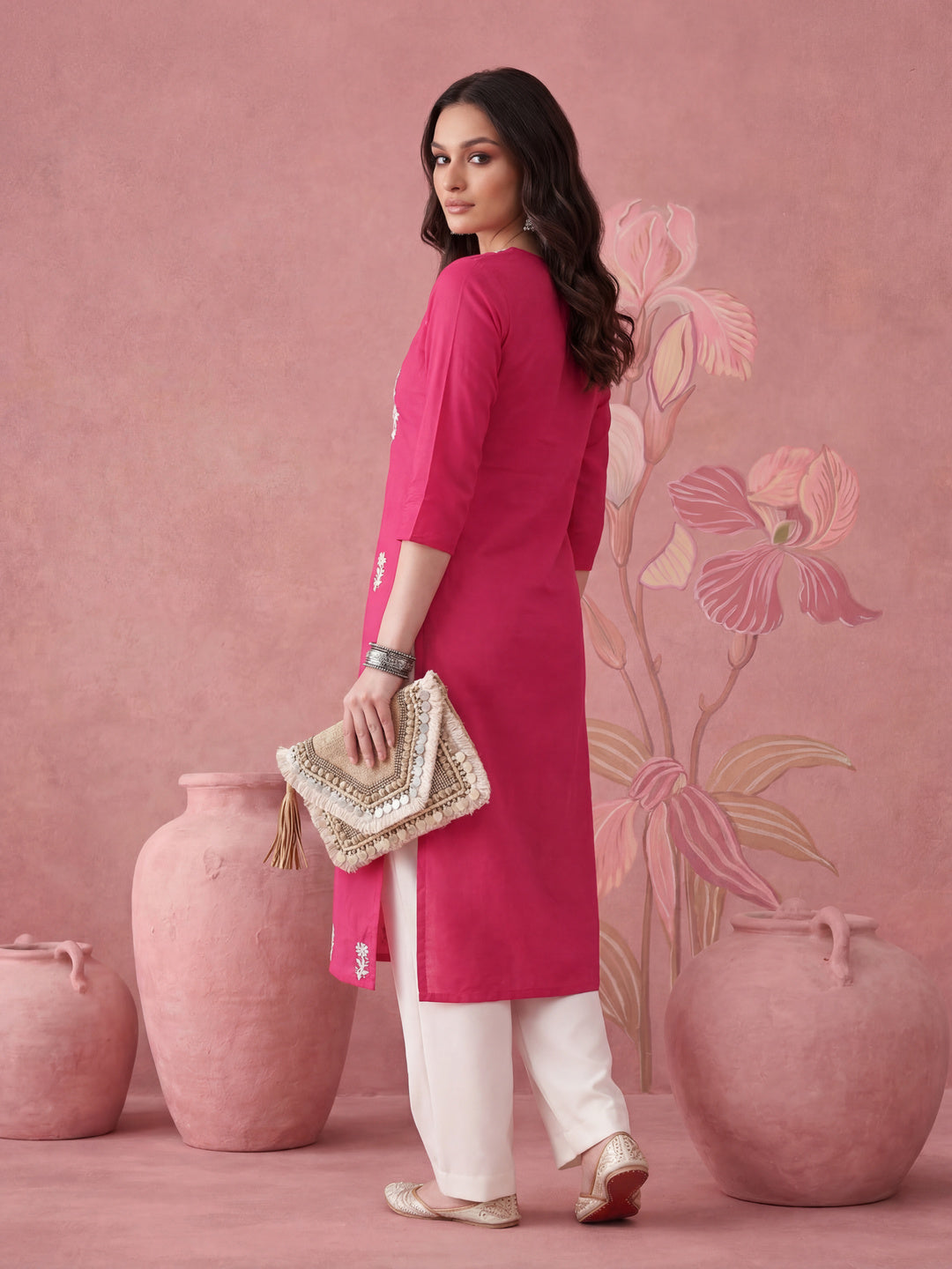 Women Hot Pink Chikankari Straight Kurta