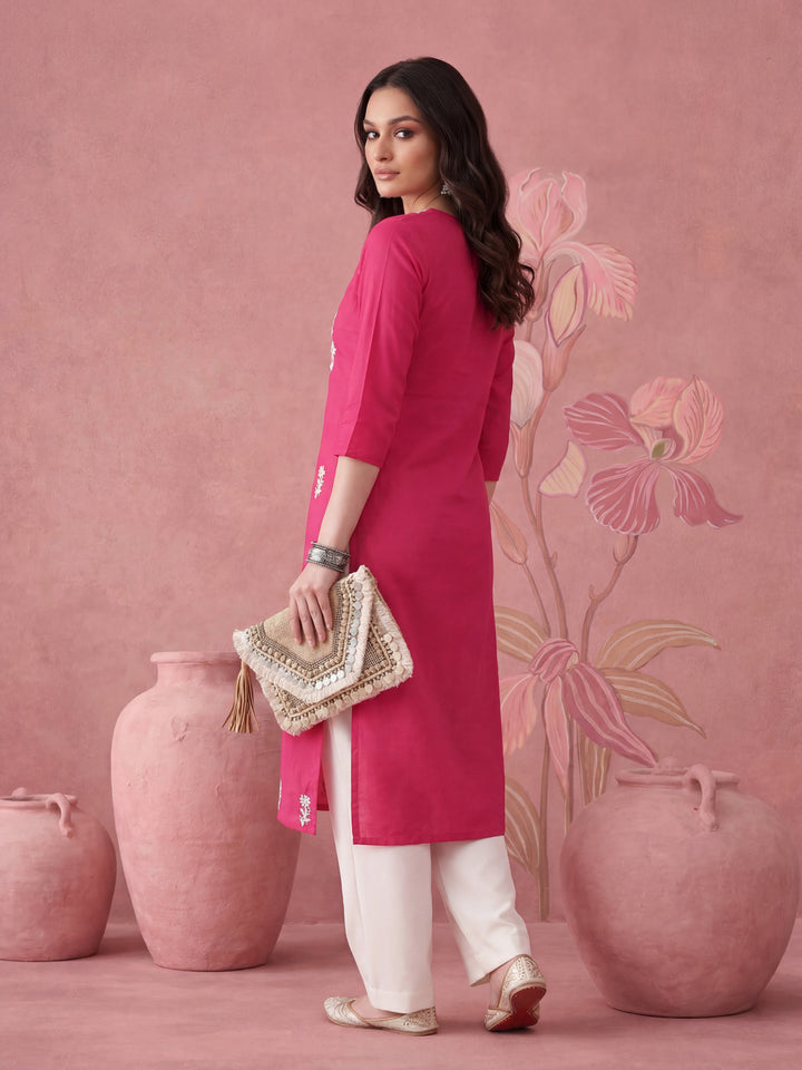 Women Hot Pink Chikankari Straight Kurta