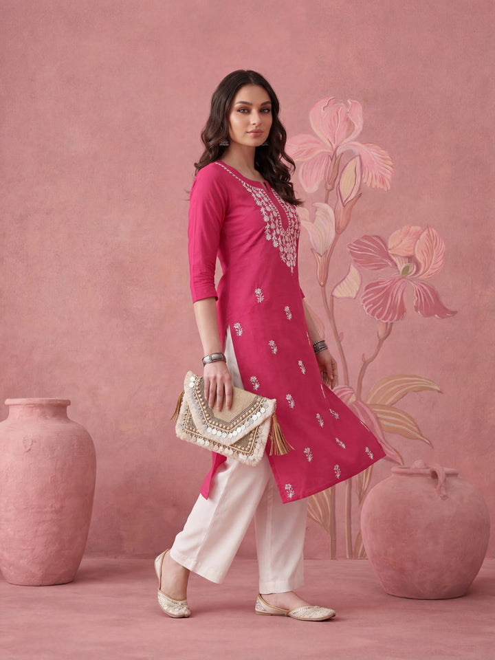 Women Hot Pink Chikankari Straight Kurta