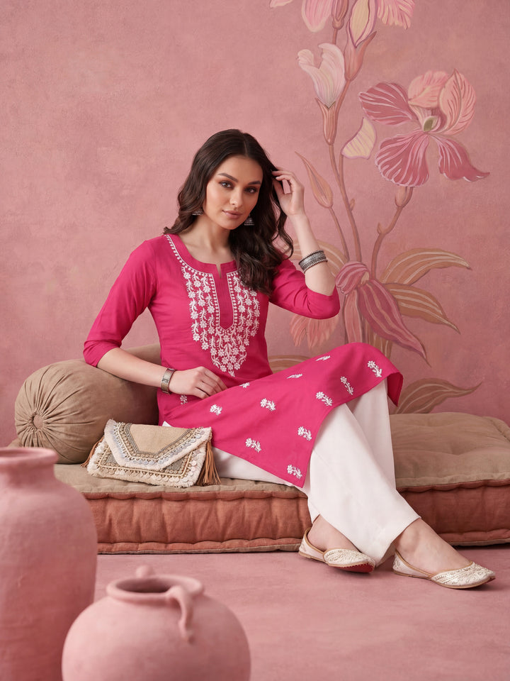 Women Hot Pink Chikankari Straight Kurta
