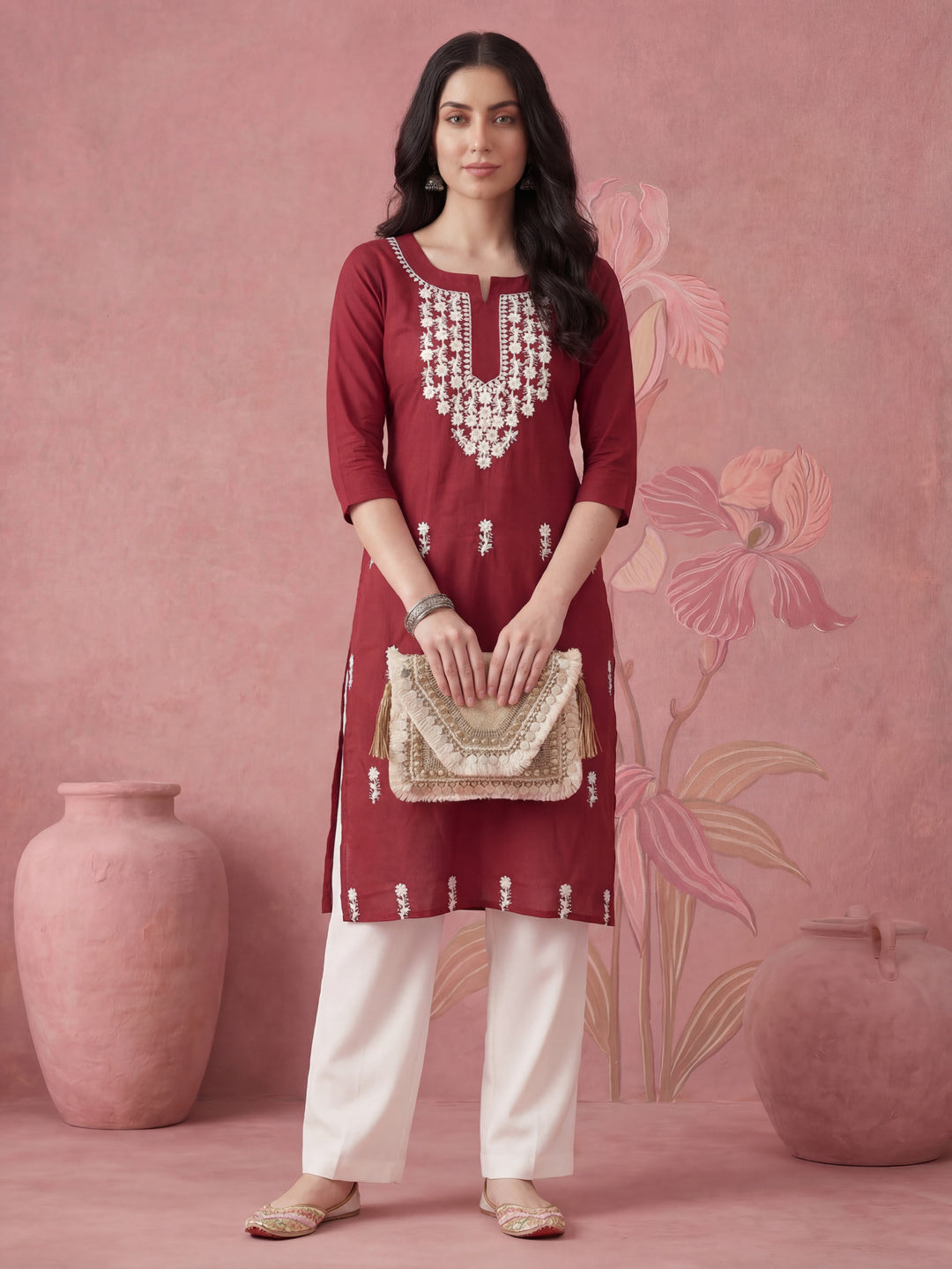 Women Maroon Chikankari Straight Kurta