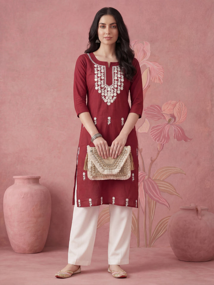 Women Maroon Chikankari Straight Kurta