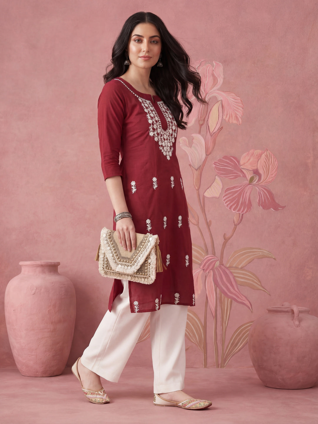 Women Maroon Chikankari Straight Kurta