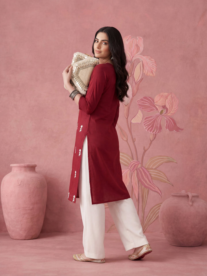 Women Maroon Chikankari Straight Kurta