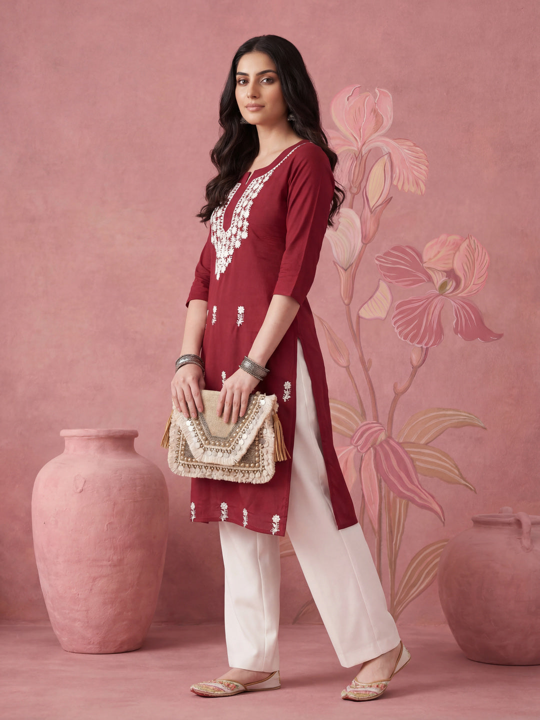 Women Maroon Chikankari Straight Kurta