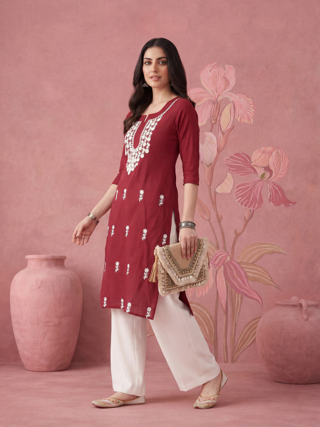 Women Maroon Chikankari Straight Kurta