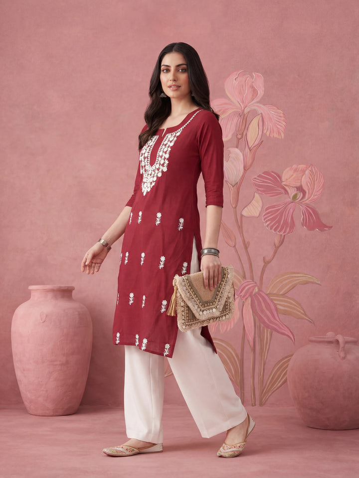 Women Maroon Chikankari Straight Kurta