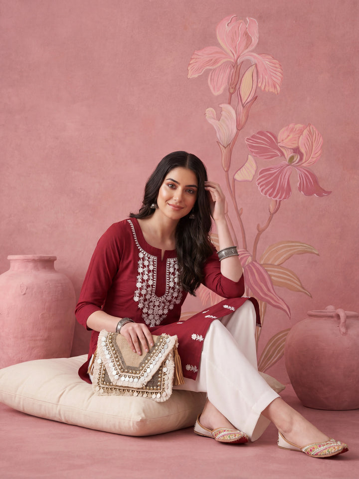 Women Maroon Chikankari Straight Kurta