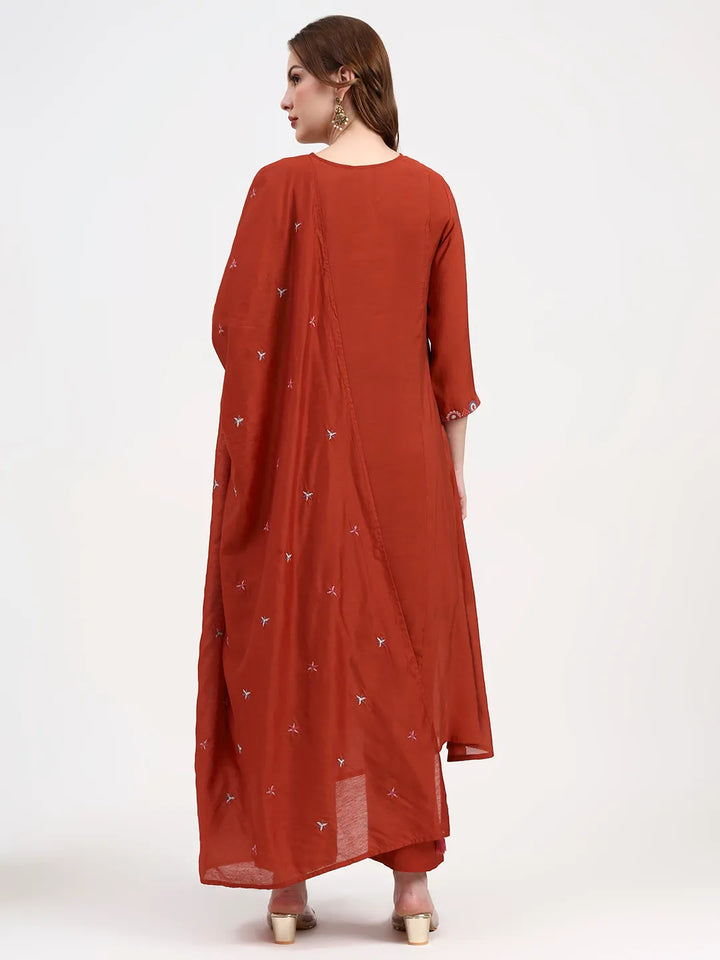 Red Mul Chanderi Silk Thread Work Anarkali Kurta Trouser Dupatta Set