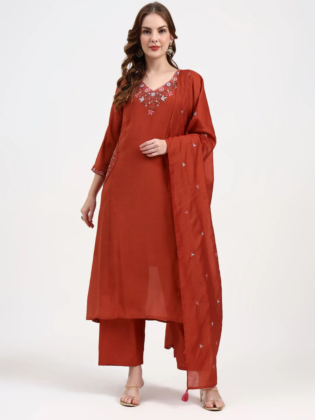 Red Mul Chanderi Silk Thread Work Anarkali Kurta Trouser Dupatta Set