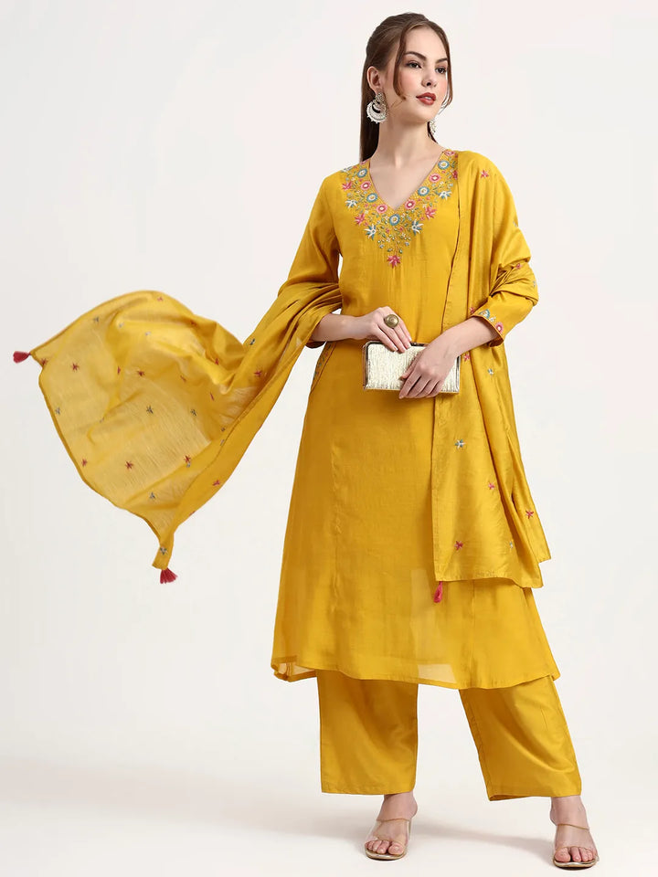 Yellow Mul Chanderi Silk Thread Work Anarkali Kurta Trouser Dupatta Set