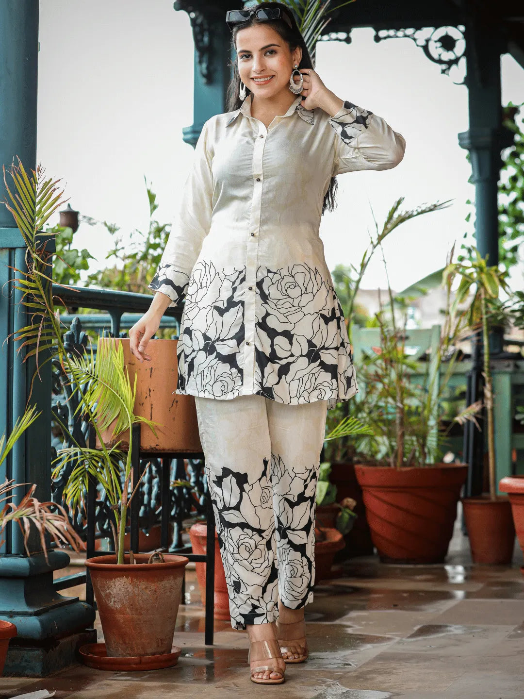 white floral print shirt and trouse co ord offline_sku-3-Yufta Store-1519CRDWHM