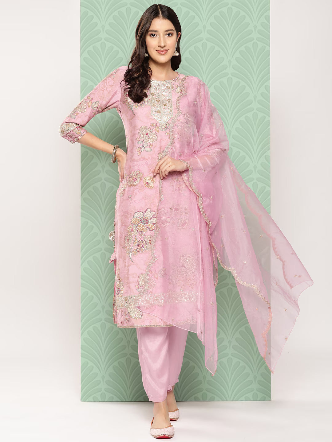 Floral Printed Regular Pure Silk Kurta with Trousers & With Dupatta