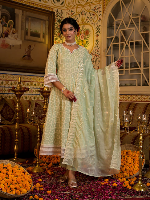 Green Pure Cotton Sequins Work Anarkali Kurta Trouser With Dupatta Set-Yufta Store