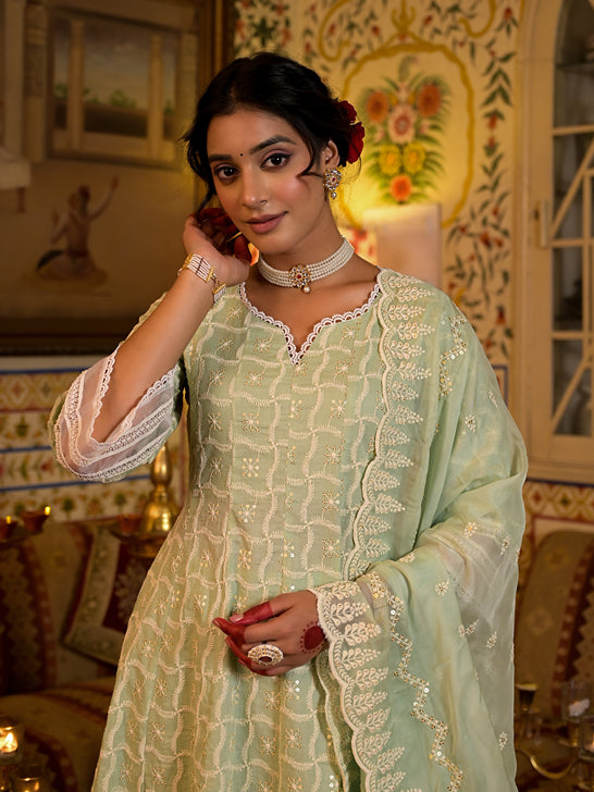 Green Pure Cotton Sequins Work Anarkali Kurta Trouser With Dupatta Set-Yufta Store