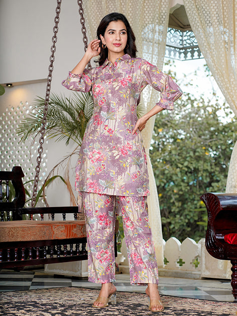 Mauve Muslin silk Floral Print Co-ord set with embroidery buttons-Yufta Store