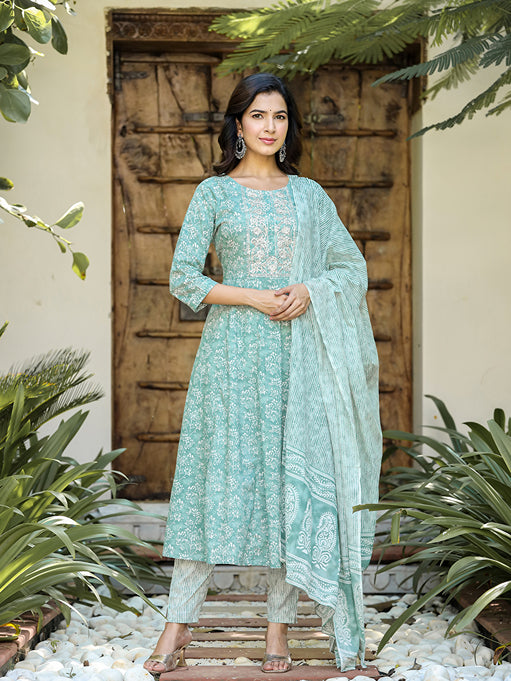 Sea Green Floral Embroidered Regular Thread Work Pure Cotton Kurta with Trousers & With Dupatta-Yufta Store
