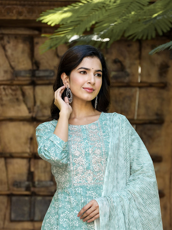 Sea Green Floral Embroidered Regular Thread Work Pure Cotton Kurta with Trousers & With Dupatta-Yufta Store