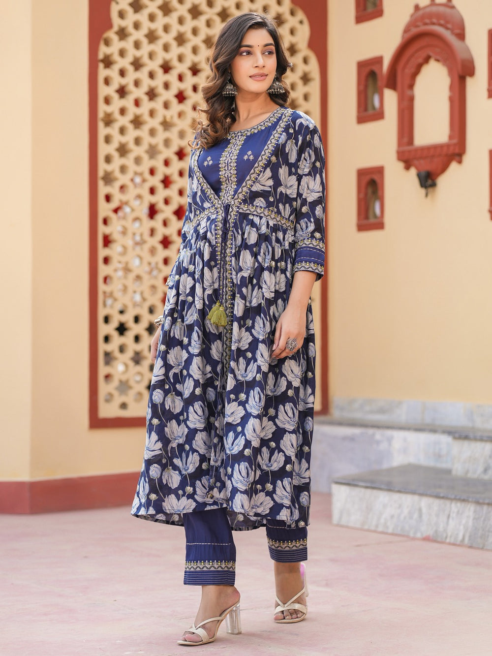 Blue Embroidered shrug Crop top co ord set-Yufta Store