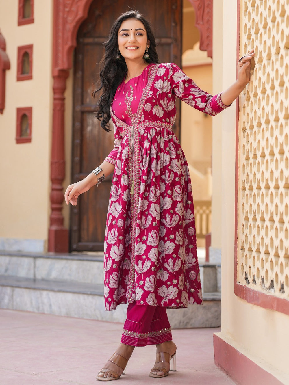 Hot Pink Embroidered shrug Crop top co ord set-Yufta Store