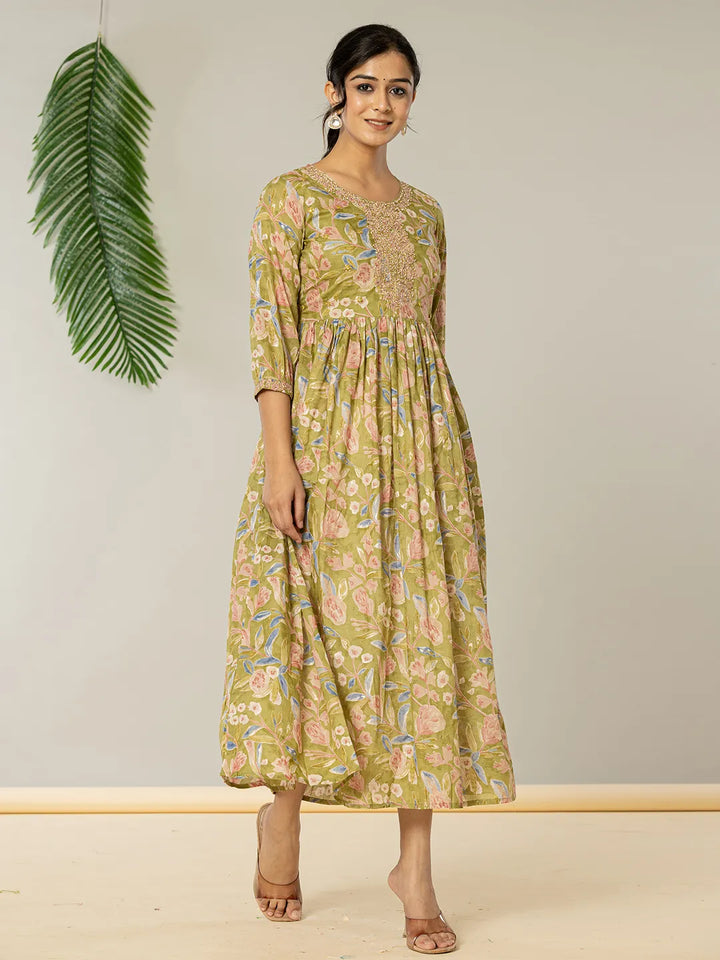 Green Pure Cotton Dori Embroidery Dress