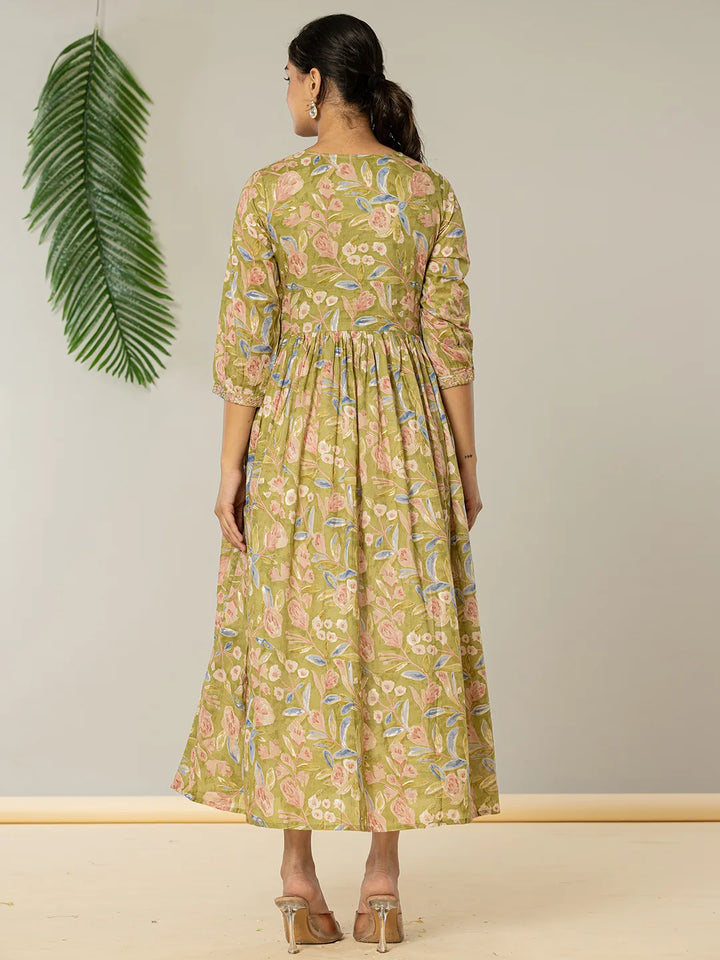 Green Pure Cotton Dori Embroidery Dress