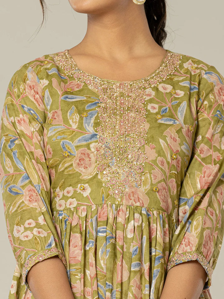 Green Pure Cotton Dori Embroidery Dress