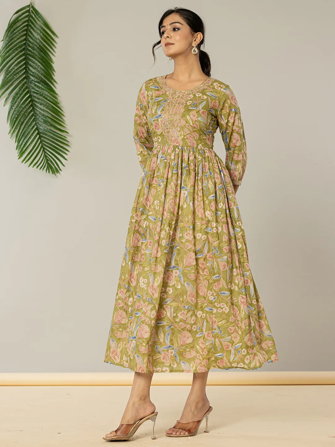 Green Pure Cotton Dori Embroidery Dress