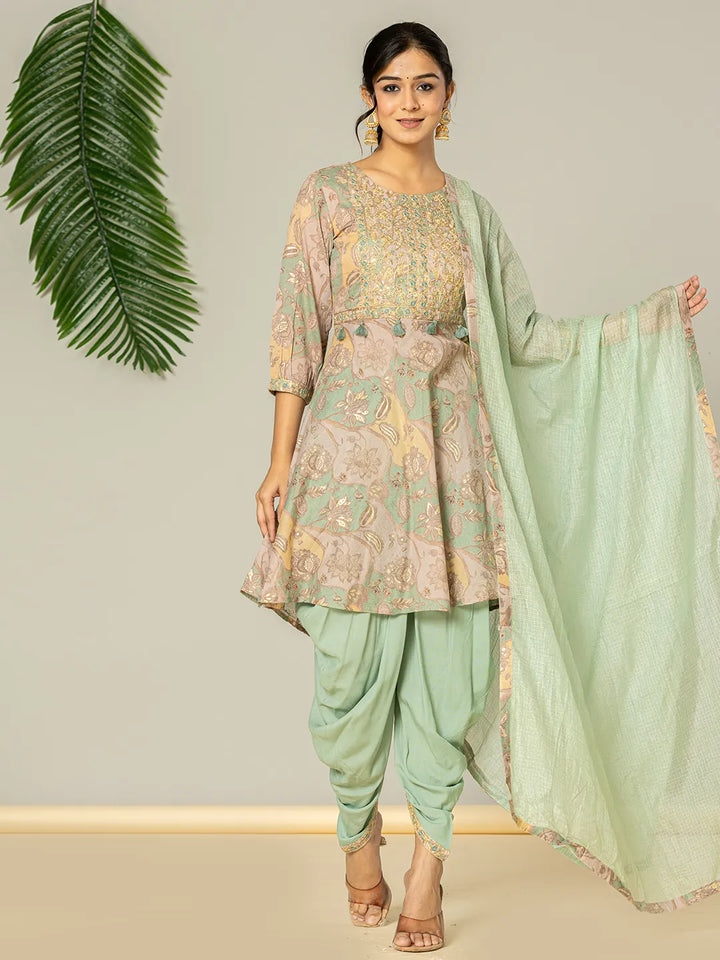 Green Cotton Embroidery A-Line Kurta Dupatta Set