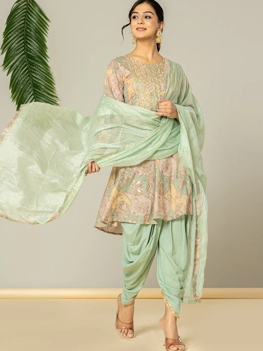 Green Cotton Embroidery A-Line Kurta Dupatta Set