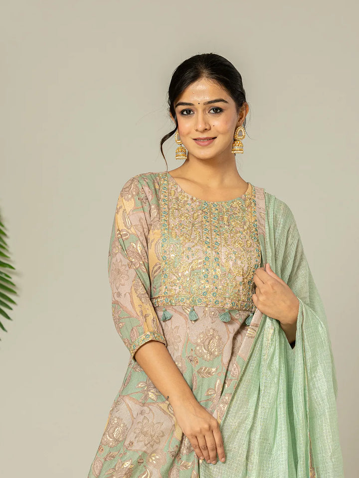 Green Cotton Embroidery A-Line Kurta Dupatta Set