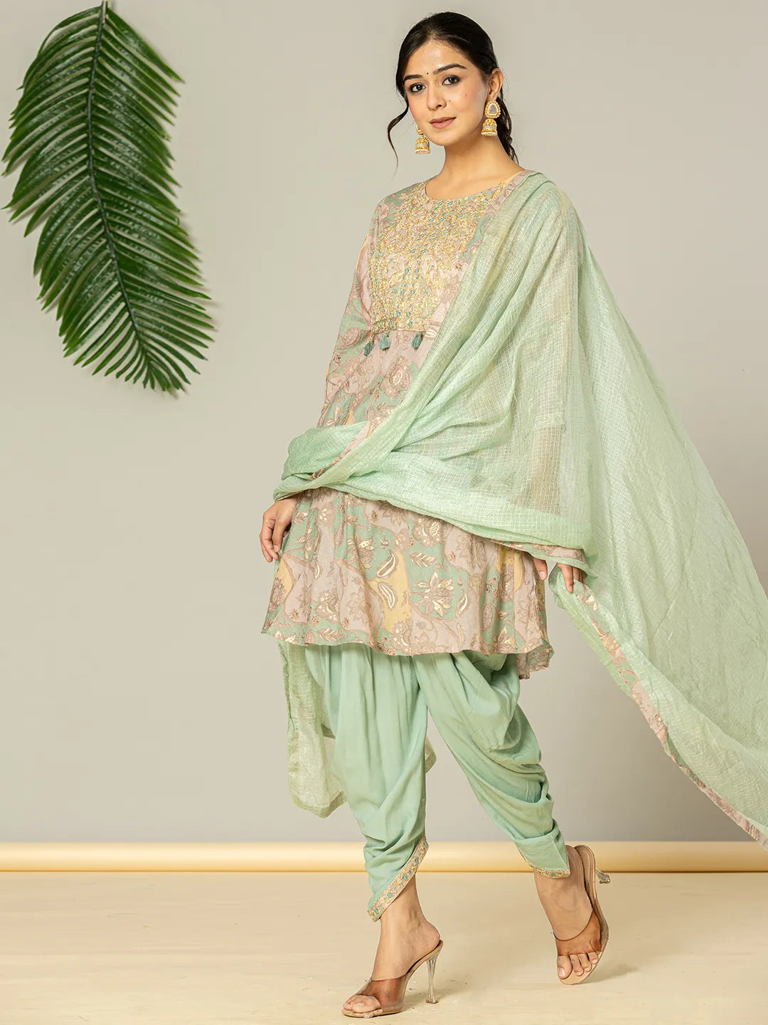 Green Cotton Embroidery A-Line Kurta Dupatta Set