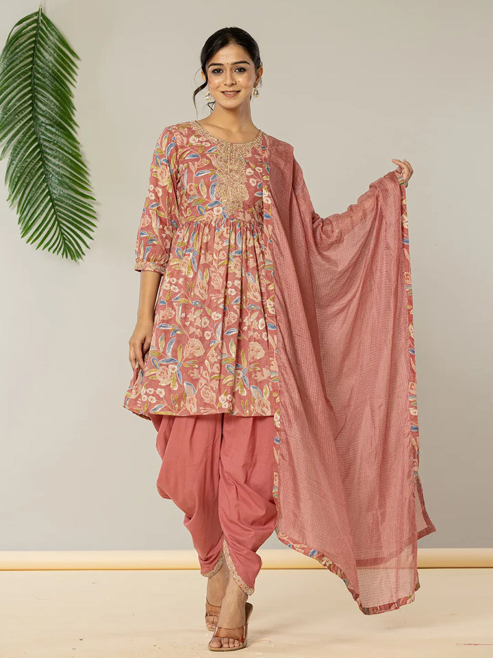 Pink Cotton Embroidery A-Line Kurta Dupatta Set