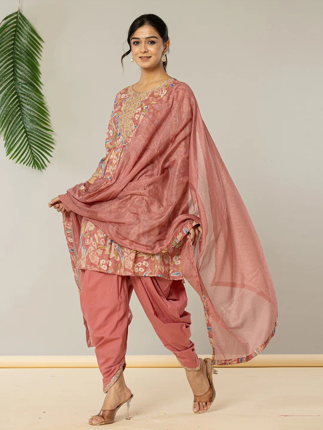 Pink Cotton Embroidery A-Line Kurta Dupatta Set