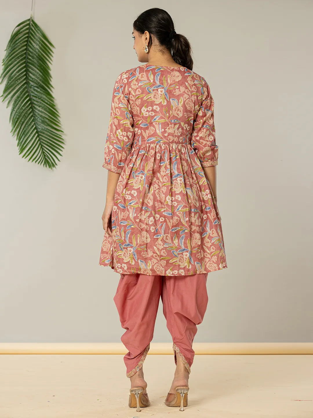 Pink Cotton Embroidery A-Line Kurta Dupatta Set