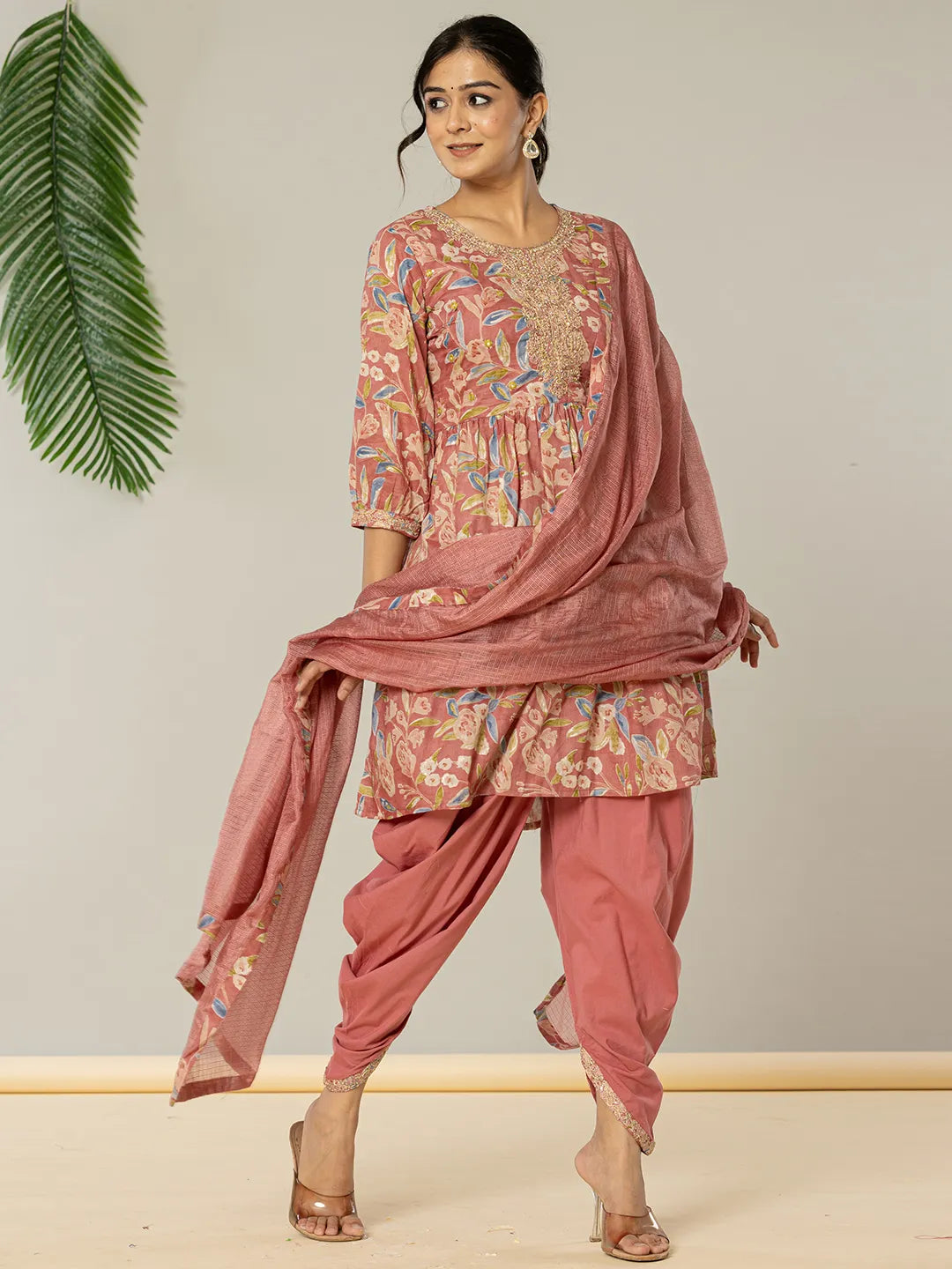 Pink Cotton Embroidery A-Line Kurta Dupatta Set