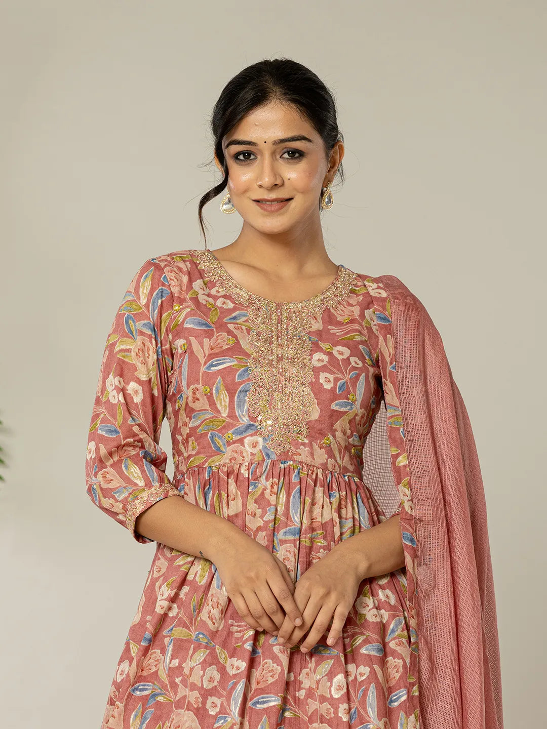 Pink Cotton Embroidery A-Line Kurta Dupatta Set