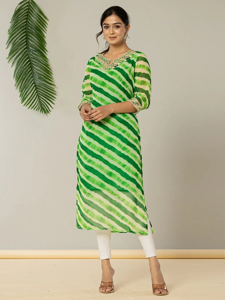 Green Georgette Lehriya Embroidery Kurta