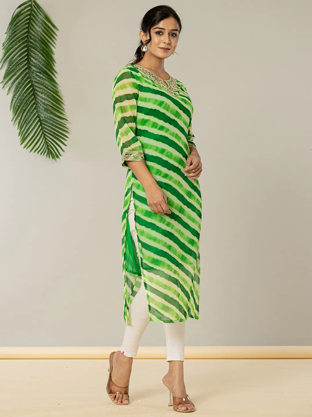 Green Georgette Lehriya Embroidery Kurta