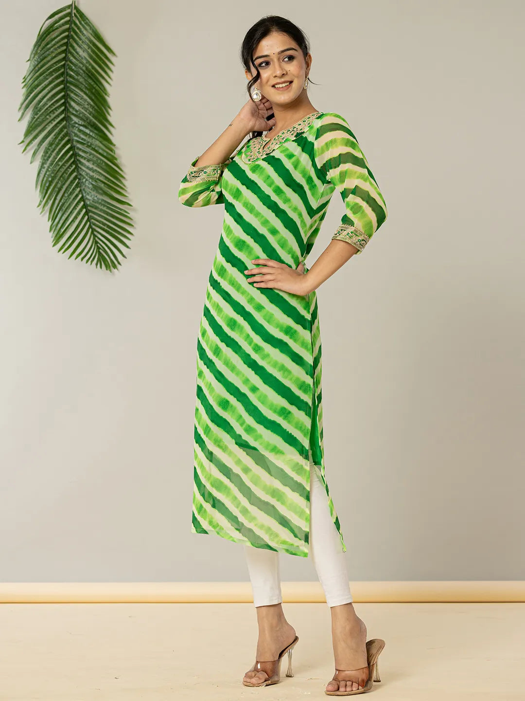 Green Georgette Lehriya Embroidery Kurta