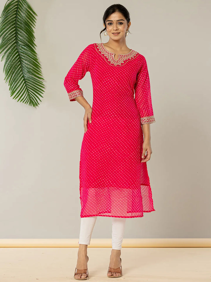 Hot Pink Georgette Lehriya Embroidery Kurta