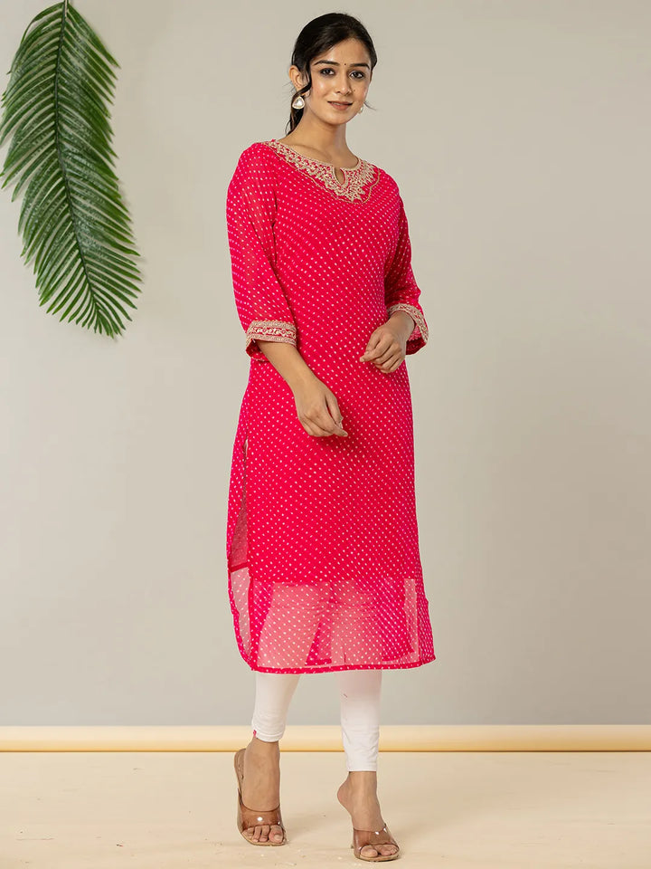 Hot Pink Georgette Lehriya Embroidery Kurta