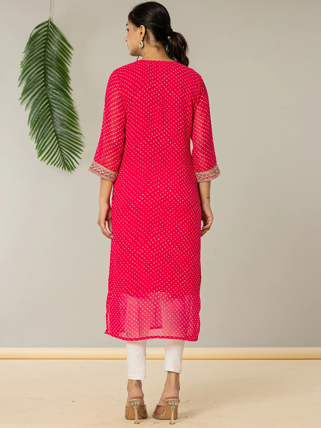 Hot Pink Georgette Lehriya Embroidery Kurta