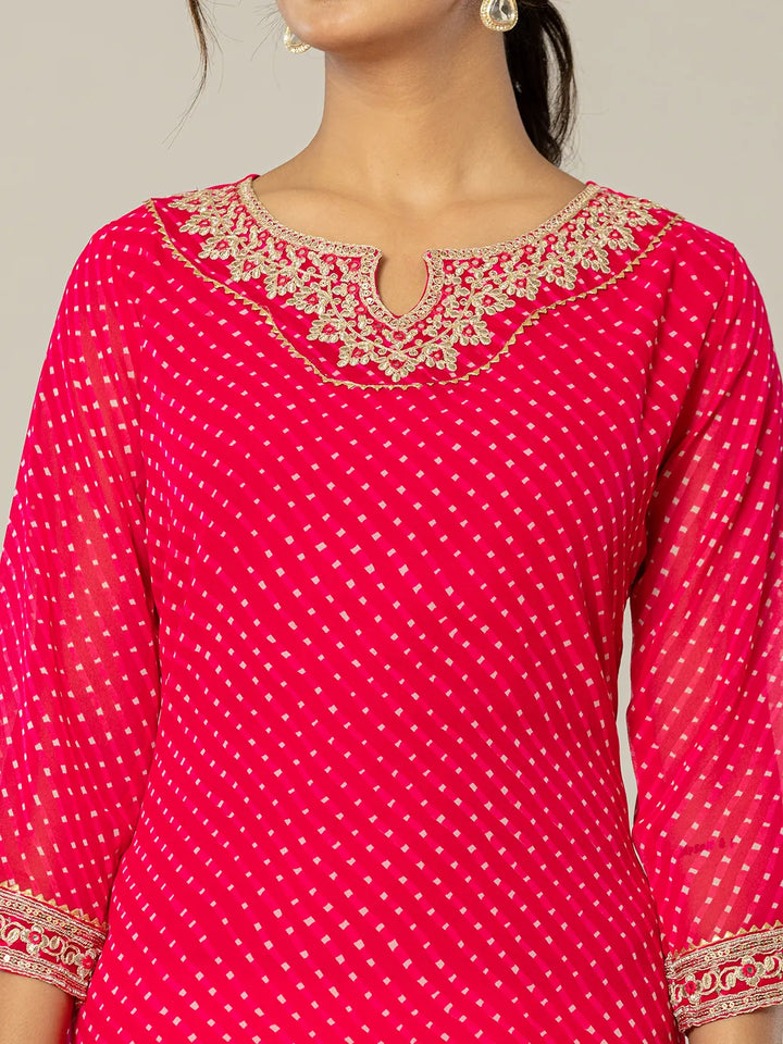 Hot Pink Georgette Lehriya Embroidery Kurta