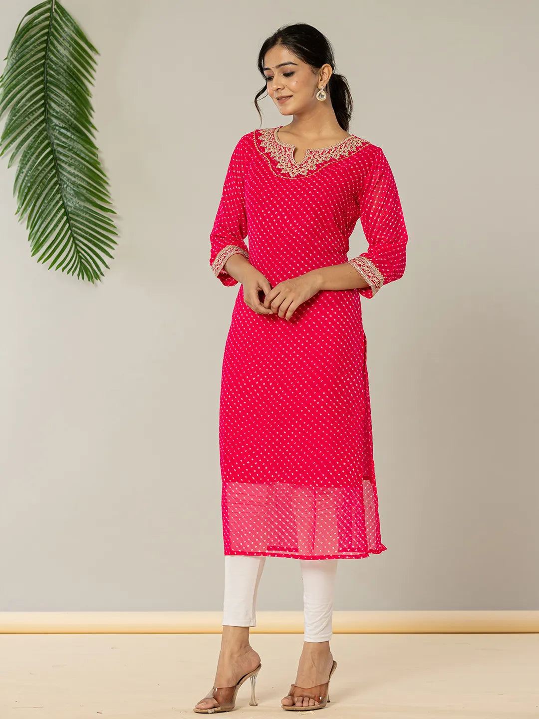 Hot Pink Georgette Lehriya Embroidery Kurta